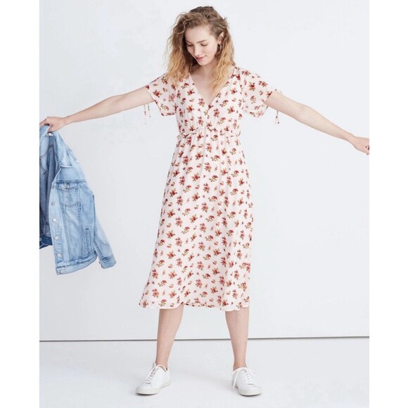 Madewell Tie-Sleeve Ruffle-Waist Midi Dress Pink Floral Sz 22 Cottagecore Plus - Picture 1 of 12